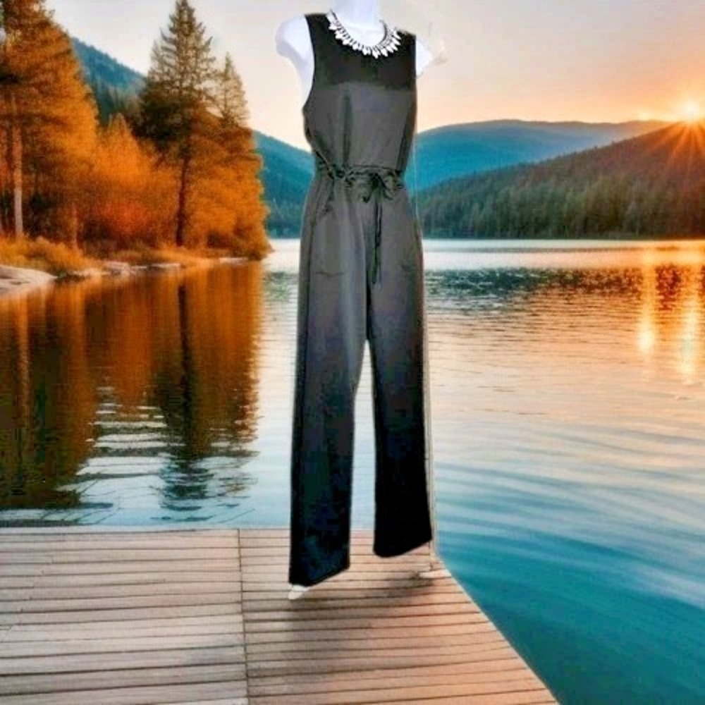 Black Sleeveless Jumpsuit M Elastic Waist Drawstring Straight Leg Pockets Casual
